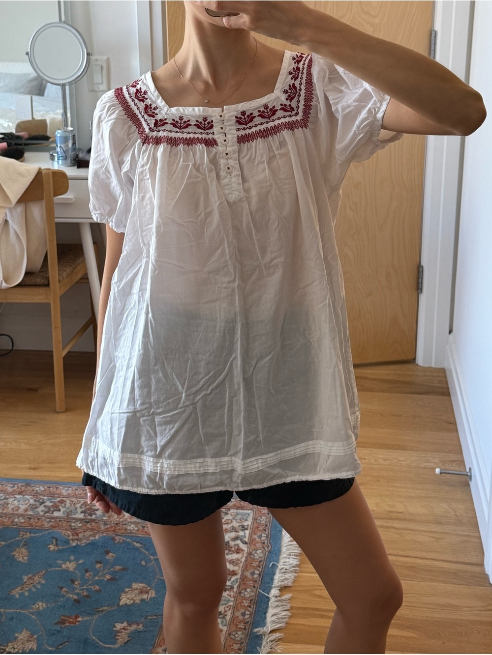 Women's White Embroidered Peasant Top - Red Detail